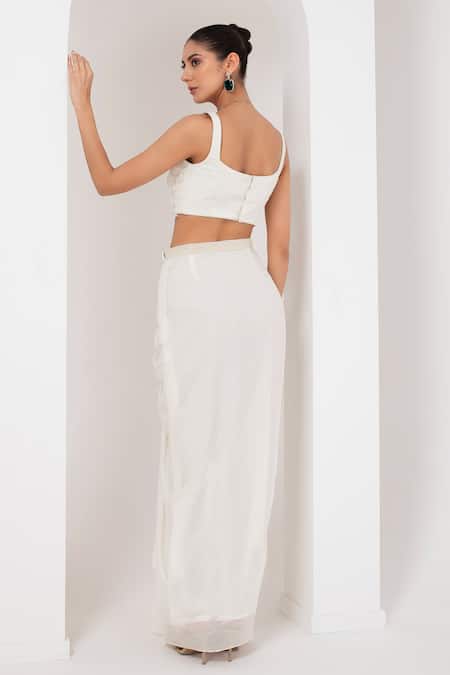 Shop_Akara_Ivory Georgette Pearls, Beads Divine Scallop Embellished Cape Draped Skirt Set 