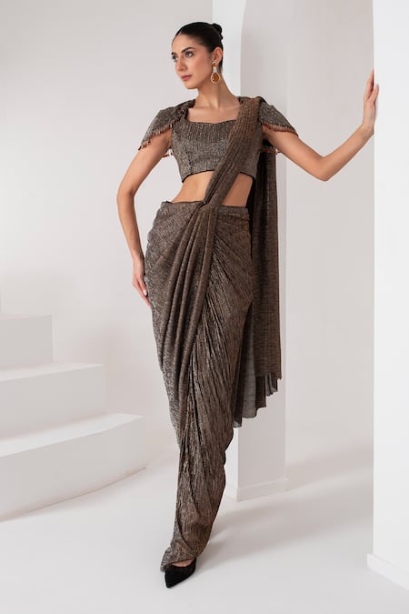 AKARA Metallic Pre-Draped Pant Saree With Embroidered Blouse 