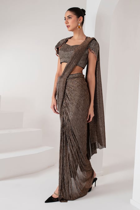 Buy Akara Black Crepe Sweetheart Metallic Pre-draped Pant Saree With Embroidered Blouse Online at Aza Fashions Buy_Akara_Black Crepe Sweetheart Metallic Pre-draped Pant Saree With Embroidered Blouse _Online_at_Aza_Fashions