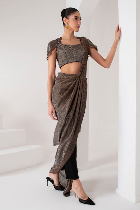 Shop Akara Black Crepe Sweetheart Metallic Pre-draped Pant Saree With Embroidered Blouse Online at Aza Fashions Shop_Akara_Black Crepe Sweetheart Metallic Pre-draped Pant Saree With Embroidered Blouse _Online_at_Aza_Fashions