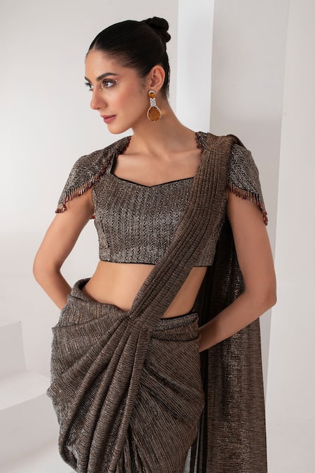 Akara Black Crepe Sweetheart Metallic Pre-draped Pant Saree With Embroidered Blouse at Aza Fashions Akara_Black Crepe Sweetheart Metallic Pre-draped Pant Saree With Embroidered Blouse _at_Aza_Fashions