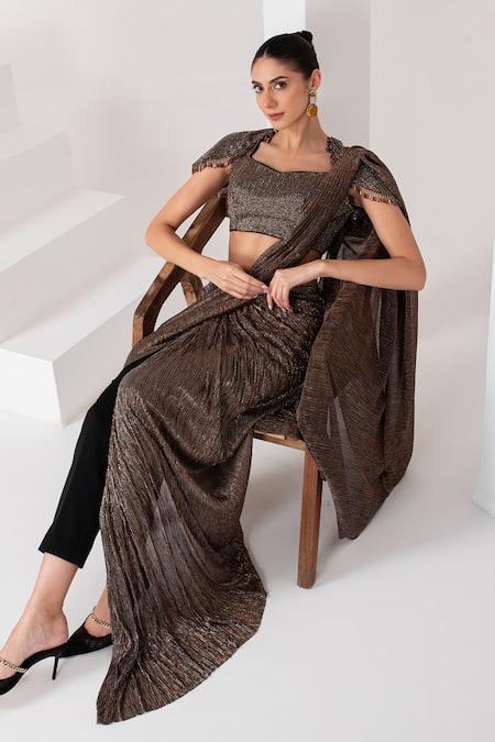 Buy Akara Black Crepe Sweetheart Metallic Pre-draped Pant Saree With Embroidered Blouse Buy_Akara_Black Crepe Sweetheart Metallic Pre-draped Pant Saree With Embroidered Blouse