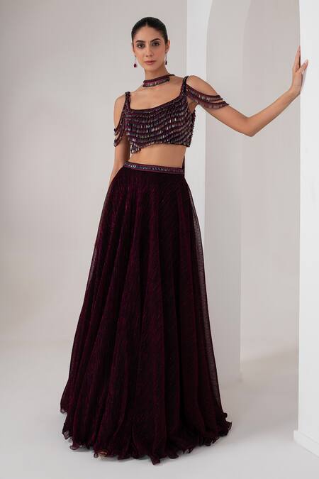 Buy_Akara_Black Crepe Crystals Round Neck Brazen Fall Metallic Lehenga Set _Online_at_Aza_Fashions