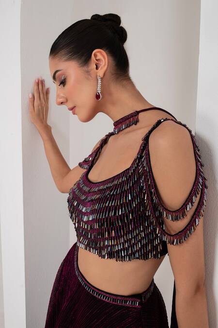 Shop_Akara_Black Crepe Crystals Round Neck Brazen Fall Metallic Lehenga Set _Online_at_Aza_Fashions