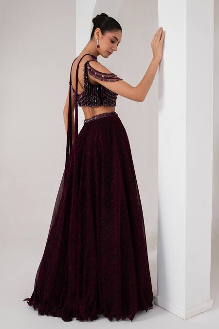 Akara_Black Crepe Crystals Round Neck Brazen Fall Metallic Lehenga Set _at_Aza_Fashions