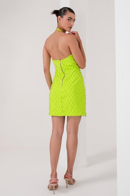 Akara_Green Crepe Embroidery Halter Neck Crystal Tassel Fall Embellished Dress _Online_at_Aza_Fashions