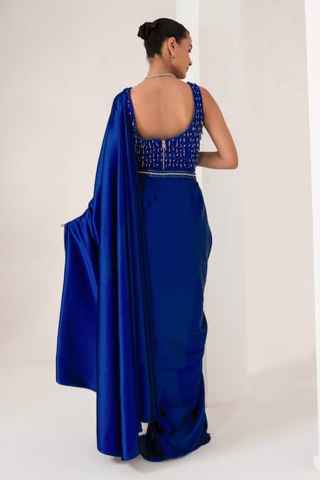 Akara Blue Satin, Crepe Crystals Round Tassel Embellished Dress With Pre-draped Saree Online at Aza Fashions Akara_Blue Satin, Crepe Crystals Round Tassel Embellished Dress With Pre-draped Saree _Online_at_Aza_Fashions