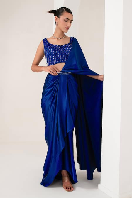 Buy Akara Blue Satin, Crepe Crystals Round Tassel Embellished Dress With Pre-draped Saree Online at Aza Fashions Buy_Akara_Blue Satin, Crepe Crystals Round Tassel Embellished Dress With Pre-draped Saree _Online_at_Aza_Fashions