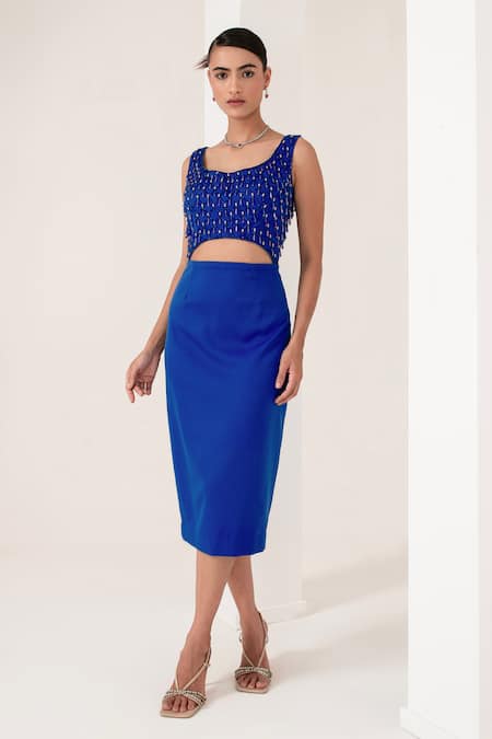 Akara Blue Satin, Crepe Crystals Round Tassel Embellished Dress With Pre-draped Saree at Aza Fashions Akara_Blue Satin, Crepe Crystals Round Tassel Embellished Dress With Pre-draped Saree _at_Aza_Fashions