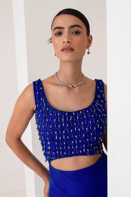 Buy Akara Blue Satin, Crepe Crystals Round Tassel Embellished Dress With Pre-draped Saree Buy_Akara_Blue Satin, Crepe Crystals Round Tassel Embellished Dress With Pre-draped Saree