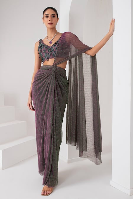 AKARA Purple Platinoir Crepe Embroidery Metallic Pre-draped Saree With Bloom Blouse 