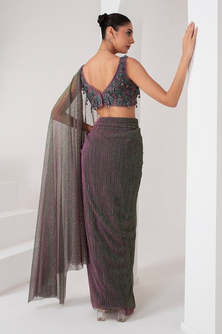 Akara_Purple Crepe Crystals, Embroidery Metallic Pre-draped Saree With Bloom Blouse _Online_at_Aza_Fashions