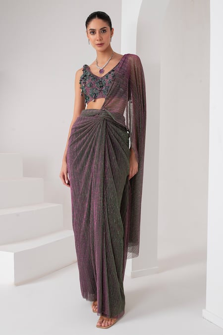 Buy_Akara_Purple Crepe Crystals, Embroidery Metallic Pre-draped Saree With Bloom Blouse _Online_at_Aza_Fashions