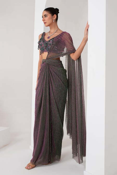 Shop_Akara_Purple Crepe Crystals, Embroidery Metallic Pre-draped Saree With Bloom Blouse _Online_at_Aza_Fashions