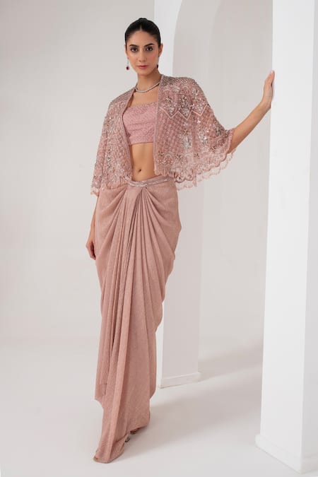 AKARA Florence Embellished Cape Draped Skirt Set 