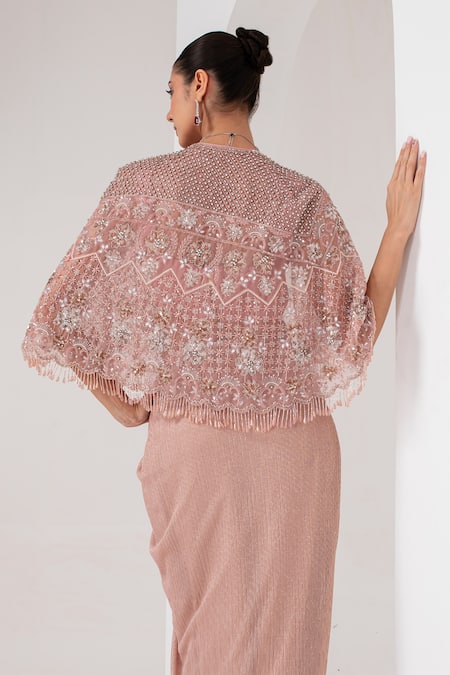 Akara Pink Organza, Crepe Sequins, Cut Work Florence Embellished Cape Draped Skirt Set Online at Aza Fashions Akara_Pink Organza, Crepe Sequins, Cut Work Florence Embellished Cape Draped Skirt Set _Online_at_Aza_Fashions