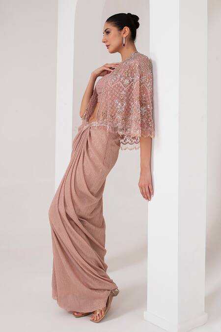 Shop Akara Pink Organza, Crepe Sequins, Cut Work Florence Embellished Cape Draped Skirt Set Online at Aza Fashions Shop_Akara_Pink Organza, Crepe Sequins, Cut Work Florence Embellished Cape Draped Skirt Set _Online_at_Aza_Fashions