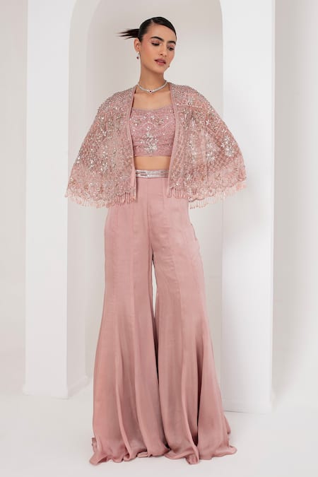 AKARA Pink Organza Embroidery Sequin Open Florence Bloom Embellished Cape Sharara Set 