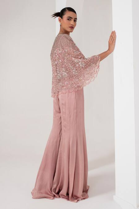 Shop Akara Pink Cotton Satin, Organza Cut Work, Florence Bloom Embellished Cape Sharara Set at Aza Fashions Shop_Akara_Pink Cotton Satin, Organza Cut Work, Florence Bloom Embellished Cape Sharara Set _at_Aza_Fashions