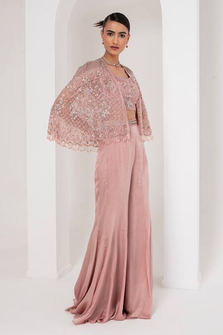 Akara Pink Cotton Satin, Organza Cut Work, Florence Bloom Embellished Cape Sharara Set Online at Aza Fashions Akara_Pink Cotton Satin, Organza Cut Work, Florence Bloom Embellished Cape Sharara Set _Online_at_Aza_Fashions