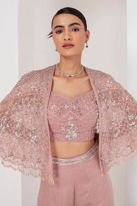 Buy Akara Pink Cotton Satin, Organza Cut Work, Florence Bloom Embellished Cape Sharara Set Online at Aza Fashions Buy_Akara_Pink Cotton Satin, Organza Cut Work, Florence Bloom Embellished Cape Sharara Set _Online_at_Aza_Fashions