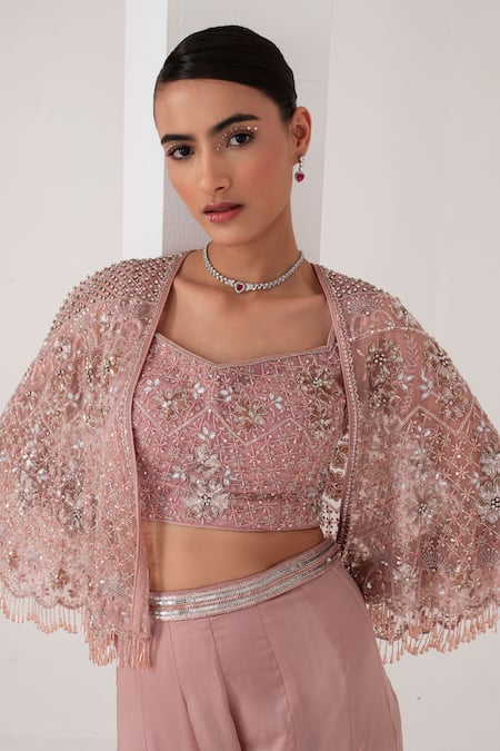 Shop Akara Pink Cotton Satin, Organza Cut Work, Florence Bloom Embellished Cape Sharara Set Online at Aza Fashions Shop_Akara_Pink Cotton Satin, Organza Cut Work, Florence Bloom Embellished Cape Sharara Set _Online_at_Aza_Fashions