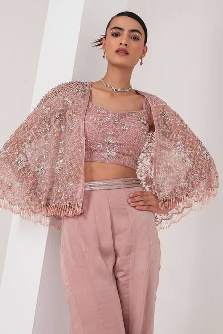 Akara Pink Cotton Satin, Organza Cut Work, Florence Bloom Embellished Cape Sharara Set at Aza Fashions Akara_Pink Cotton Satin, Organza Cut Work, Florence Bloom Embellished Cape Sharara Set _at_Aza_Fashions