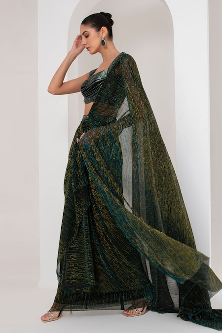 Akara Black Organza, Crepe, Pashmina Embroidery Square Metallic Pre-draped Saree Set Online at Aza Fashions Akara_Black Organza, Crepe, Pashmina Embroidery Square Metallic Pre-draped Saree Set _Online_at_Aza_Fashions
