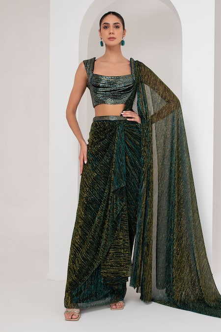 Shop Akara Black Organza, Crepe, Pashmina Embroidery Square Metallic Pre-draped Saree Set Online at Aza Fashions Shop_Akara_Black Organza, Crepe, Pashmina Embroidery Square Metallic Pre-draped Saree Set _Online_at_Aza_Fashions
