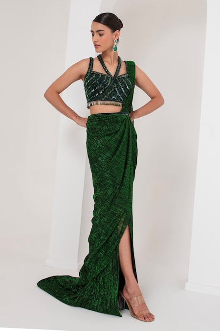 AKARA Green Platinoir Crepe Embroidery Crystal Equinox Metallic Pre-draped Saree Set 