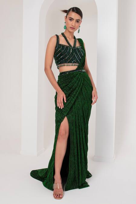 Buy Akara Green Organza, Pashmina, Crepe Crystals, Equinox Metallic Pre-draped Saree Set Online at Aza Fashions Buy_Akara_Green Organza, Pashmina, Crepe Crystals, Equinox Metallic Pre-draped Saree Set _Online_at_Aza_Fashions