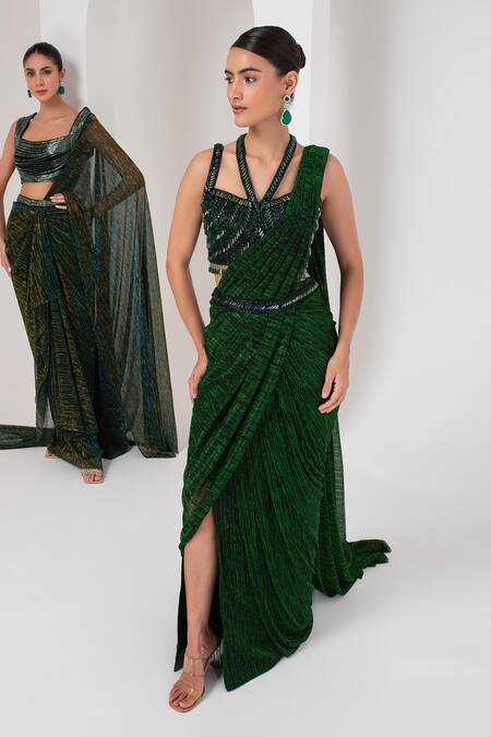 Akara Green Organza, Pashmina, Crepe Crystals, Equinox Metallic Pre-draped Saree Set at Aza Fashions Akara_Green Organza, Pashmina, Crepe Crystals, Equinox Metallic Pre-draped Saree Set _at_Aza_Fashions