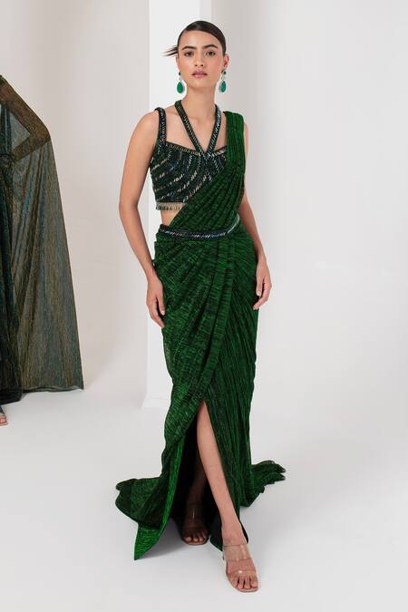 Buy Akara Green Organza, Pashmina, Crepe Crystals, Equinox Metallic Pre-draped Saree Set Buy_Akara_Green Organza, Pashmina, Crepe Crystals, Equinox Metallic Pre-draped Saree Set