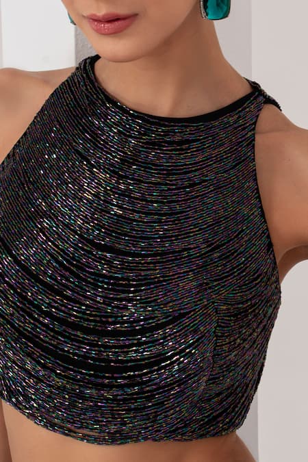 Buy Akara Black Taffeta, Silk Halo Nalki Chain Embellished Blouse With High Low Lehenga Online at Aza Fashions Buy_Akara_Black Taffeta, Silk Halo Nalki Chain Embellished Blouse With High Low Lehenga _Online_at_Aza_Fashions