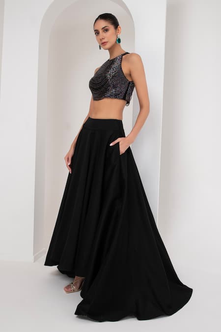 Shop Akara Black Taffeta, Silk Halo Nalki Chain Embellished Blouse With High Low Lehenga Online at Aza Fashions Shop_Akara_Black Taffeta, Silk Halo Nalki Chain Embellished Blouse With High Low Lehenga _Online_at_Aza_Fashions