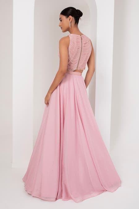 Akara_Pink Crepe, Georgette Embroidery Nalki Chain Embellished Blouse With Lehenga _Online_at_Aza_Fashions