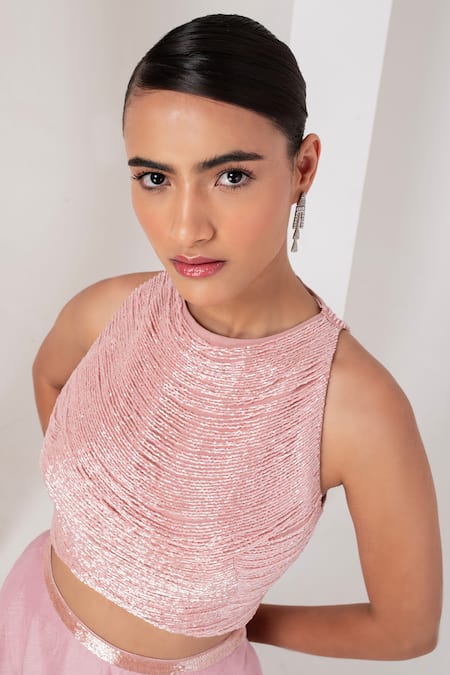 Buy_Akara_Pink Crepe, Georgette Embroidery Nalki Chain Embellished Blouse With Lehenga _Online_at_Aza_Fashions