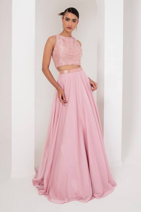 Shop_Akara_Pink Crepe, Georgette Embroidery Nalki Chain Embellished Blouse With Lehenga _Online_at_Aza_Fashions