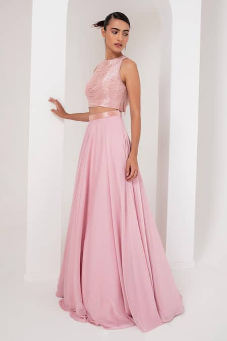 Akara_Pink Crepe, Georgette Embroidery Nalki Chain Embellished Blouse With Lehenga _at_Aza_Fashions