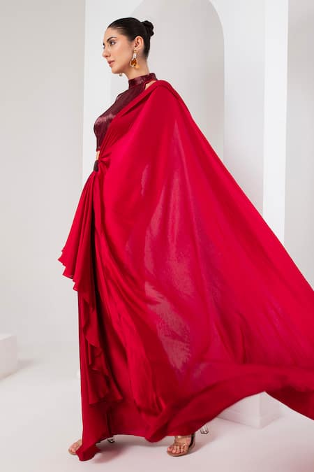 Akara_Red Satin, Crepe Ruffles, Embroidery Halter Neck Pre-draped Saree Set _Online_at_Aza_Fashions