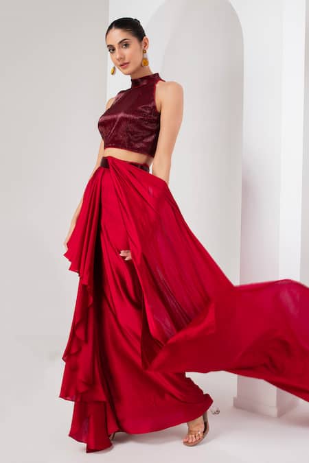 Buy_Akara_Red Satin, Crepe Ruffles, Embroidery Halter Neck Pre-draped Saree Set _Online_at_Aza_Fashions