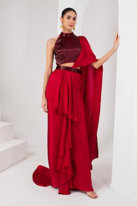 Shop_Akara_Red Satin, Crepe Ruffles, Embroidery Halter Neck Pre-draped Saree Set _Online_at_Aza_Fashions