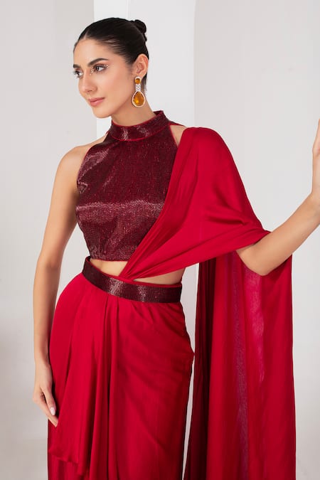 Akara_Red Satin, Crepe Ruffles, Embroidery Halter Neck Pre-draped Saree Set _at_Aza_Fashions