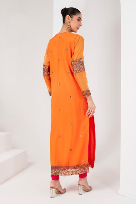 Shop Akara Orange Organza, Lycra Sequins, Embroidery Mughal Fleur Yoke Kurta Set at Aza Fashions Shop_Akara_Orange Organza, Lycra Sequins, Embroidery Mughal Fleur Yoke Kurta Set _at_Aza_Fashions