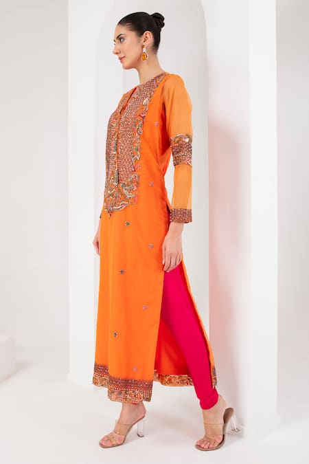 Buy Akara Orange Organza, Lycra Sequins, Embroidery Mughal Fleur Yoke Kurta Set Online at Aza Fashions Buy_Akara_Orange Organza, Lycra Sequins, Embroidery Mughal Fleur Yoke Kurta Set _Online_at_Aza_Fashions