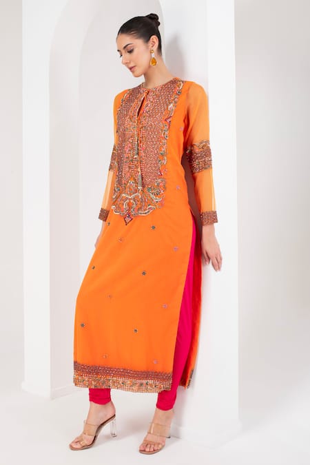 Shop Akara Orange Organza, Lycra Sequins, Embroidery Mughal Fleur Yoke Kurta Set Online at Aza Fashions Shop_Akara_Orange Organza, Lycra Sequins, Embroidery Mughal Fleur Yoke Kurta Set _Online_at_Aza_Fashions