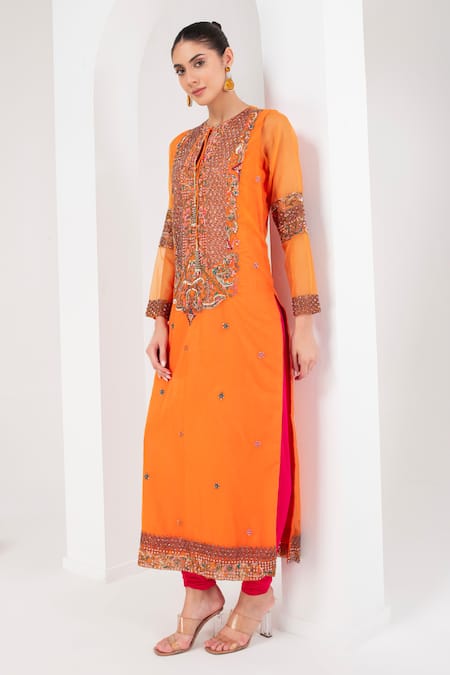 Akara Orange Organza, Lycra Sequins, Embroidery Mughal Fleur Yoke Kurta Set at Aza Fashions Akara_Orange Organza, Lycra Sequins, Embroidery Mughal Fleur Yoke Kurta Set _at_Aza_Fashions