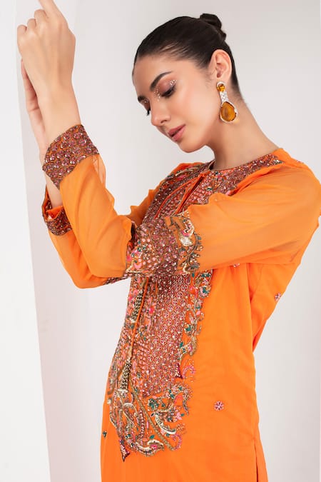 Buy Akara Orange Organza, Lycra Sequins, Embroidery Mughal Fleur Yoke Kurta Set Buy_Akara_Orange Organza, Lycra Sequins, Embroidery Mughal Fleur Yoke Kurta Set
