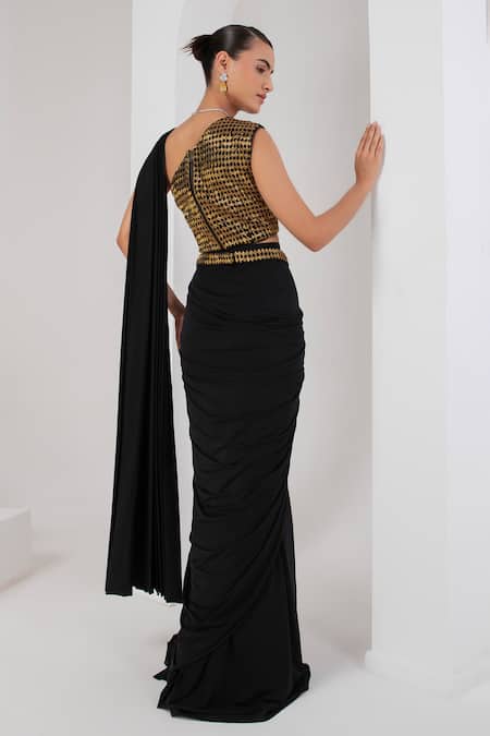 Shop Akara Black Lycra, Crepe Embroidery One Shoulder Love Dusk Pre-draped Saree Set at Aza Fashions Shop_Akara_Black Lycra, Crepe Embroidery One Shoulder Love Dusk Pre-draped Saree Set _at_Aza_Fashions