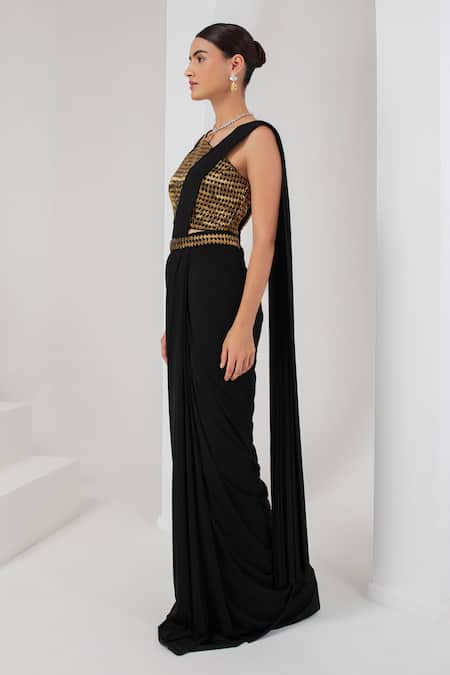 Buy Akara Black Lycra, Crepe Embroidery One Shoulder Love Dusk Pre-draped Saree Set Online at Aza Fashions Buy_Akara_Black Lycra, Crepe Embroidery One Shoulder Love Dusk Pre-draped Saree Set _Online_at_Aza_Fashions